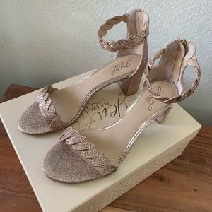Jewel Badgley Mischka Rose Gold Glitter Braided Ankle-Strap Block Heels